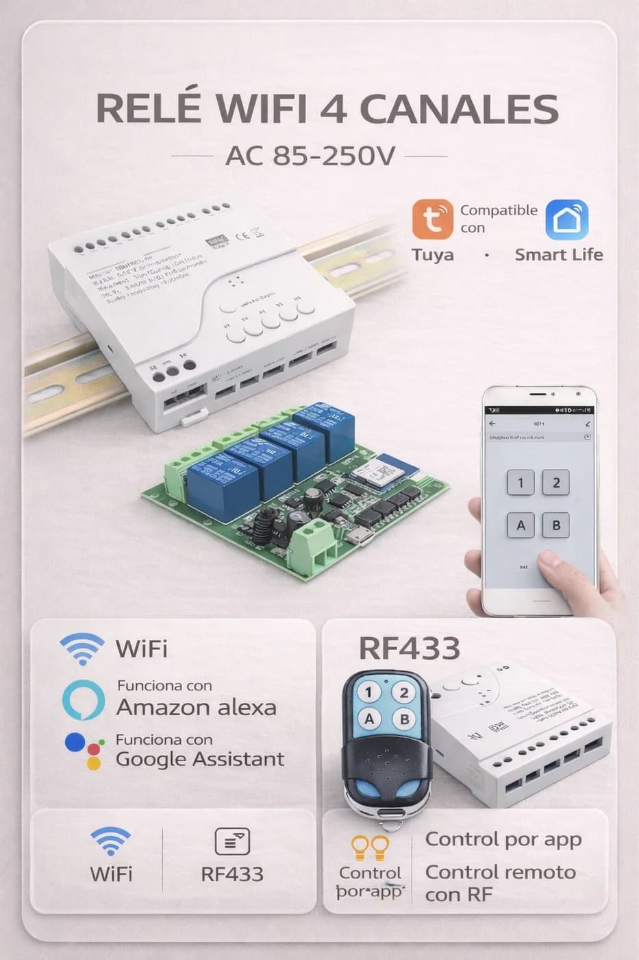 Relé WiFi de 4 canales, detalle 1